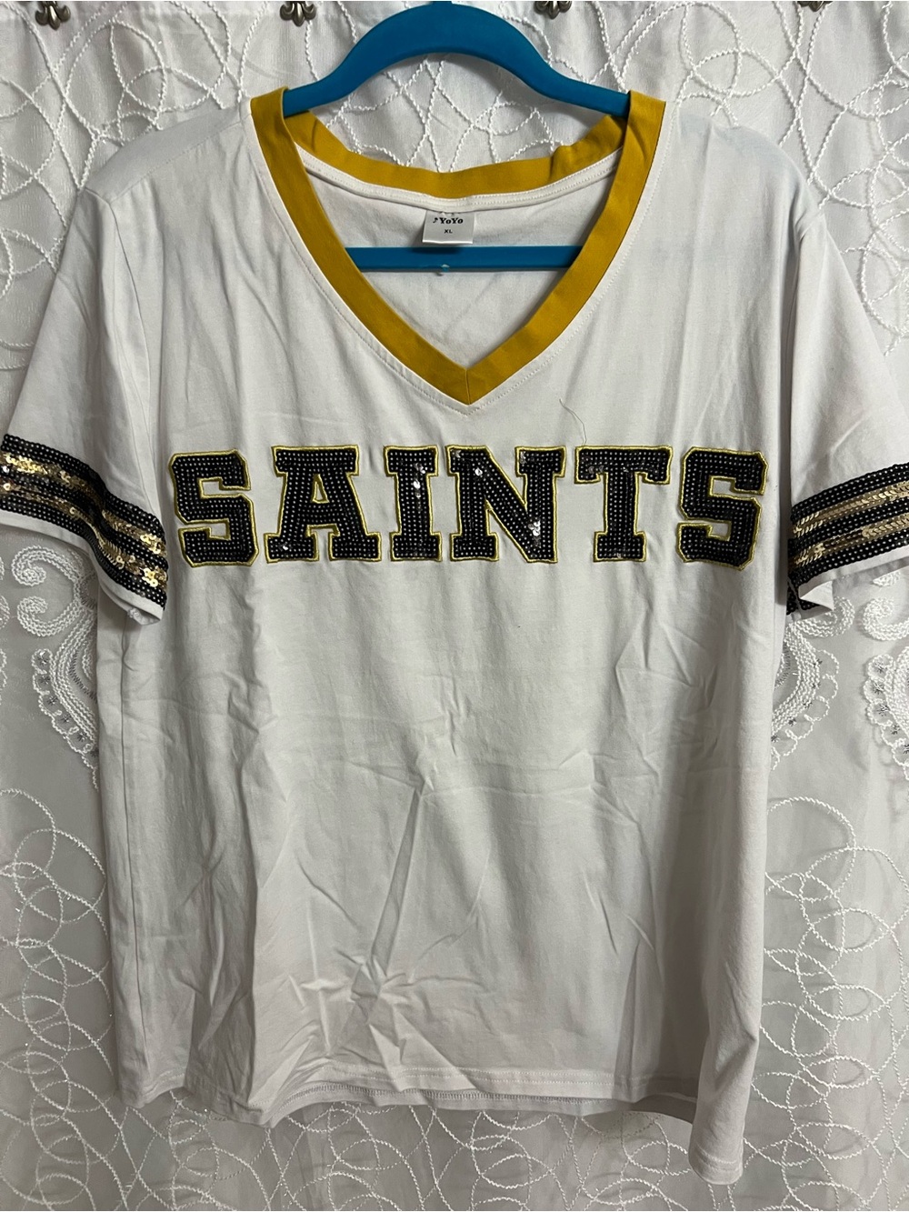White & Gold 'SAINTS' V-Neck ladies Top